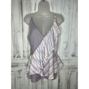 WOMENS INTERMIX BLUE WHITE STRIPED AIRY COTTON ASYMMETRICAL RUFFLE TANK TOP‎ S